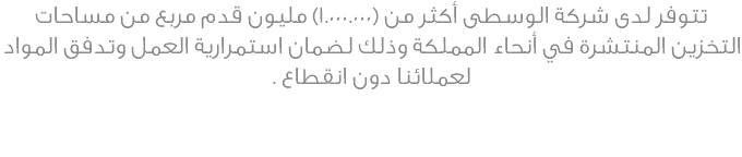 تتوفر لدى شركة الوسطى أكثر من (1.000.000) مليون قدم مربع من مساحات التخزين المنتشرة في أنحاء المملكة وذلك لضمان استمرارية العمل وتدفق المواد لعملائنا دون انقطاع .